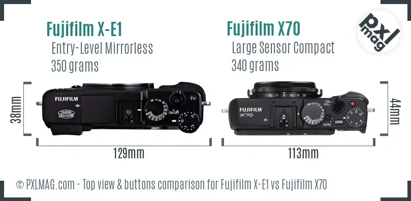 Fujifilm X-E1 vs Fujifilm X70 top view buttons comparison Fujifilm X-E1 vs Fujifilm X70 top view buttons comparison