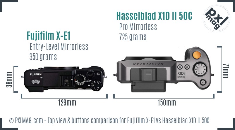 Fujifilm X-E1 vs Hasselblad X1D II 50C top view buttons comparison