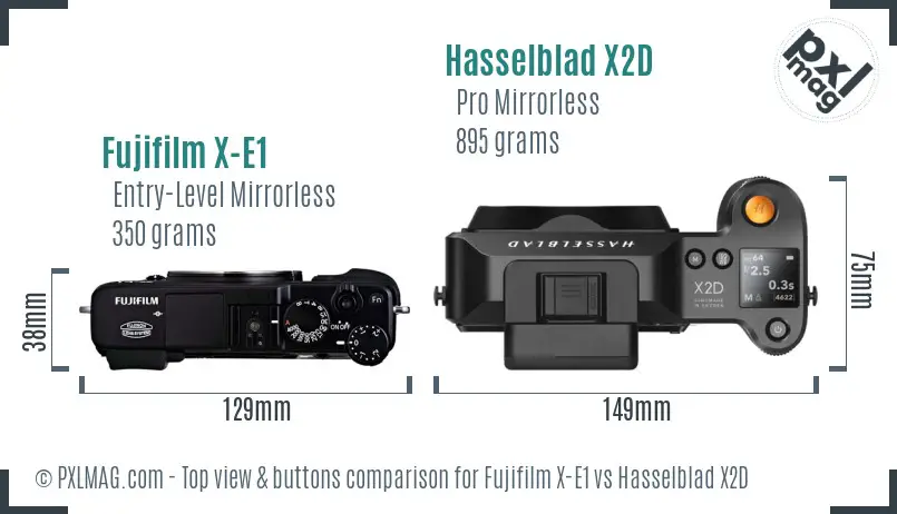 Fujifilm X-E1 vs Hasselblad X2D top view buttons comparison