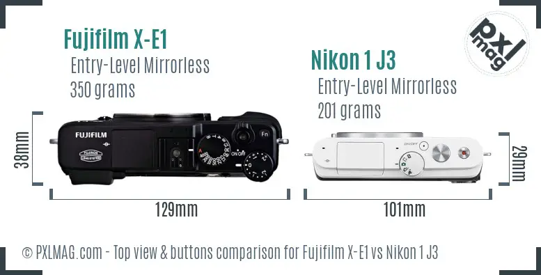 Fujifilm X-E1 vs Nikon 1 J3 top view buttons comparison