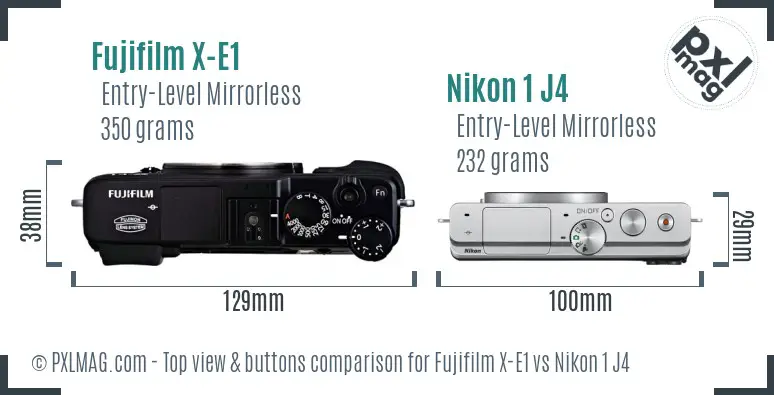 Fujifilm X-E1 vs Nikon 1 J4 top view buttons comparison