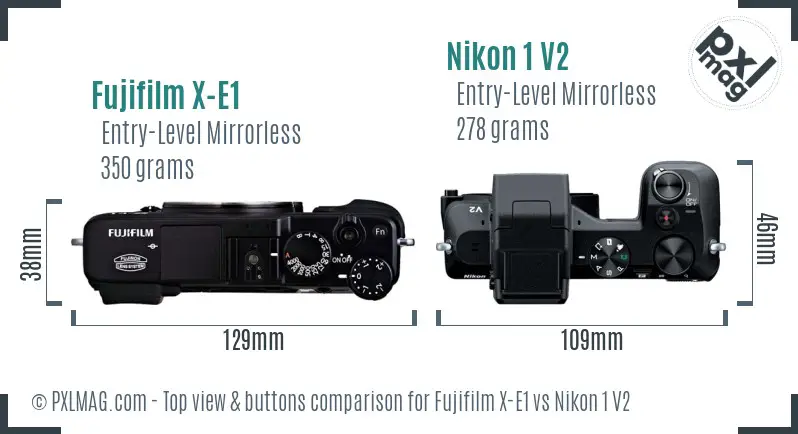 Fujifilm X-E1 vs Nikon 1 V2 top view buttons comparison Fujifilm X-E1 vs Nikon 1 V2 top view buttons comparison