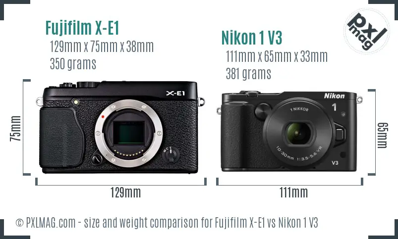 Fujifilm X-E1 vs Nikon 1 V3 size comparison