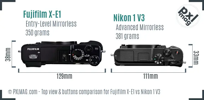 Fujifilm X-E1 vs Nikon 1 V3 top view buttons comparison