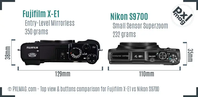 Fujifilm X-E1 vs Nikon S9700 top view buttons comparison