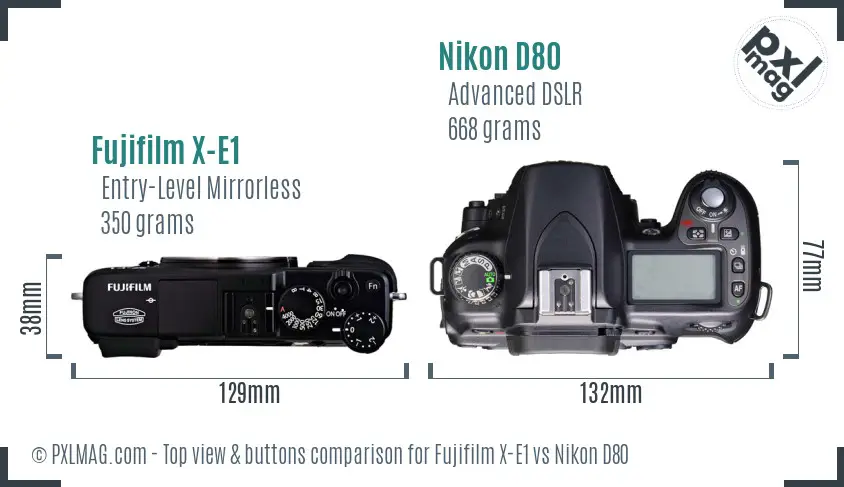 Fujifilm X-E1 vs Nikon D80 top view buttons comparison