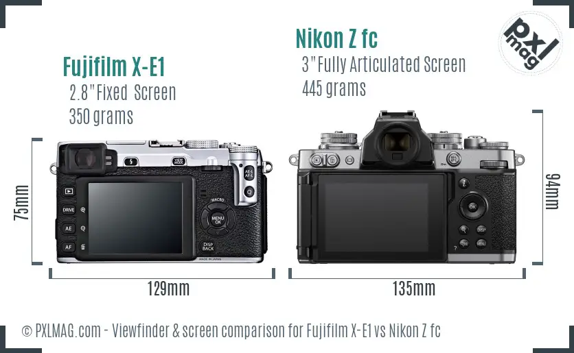 Fujifilm X-E1 vs Nikon Z fc Screen and Viewfinder comparison