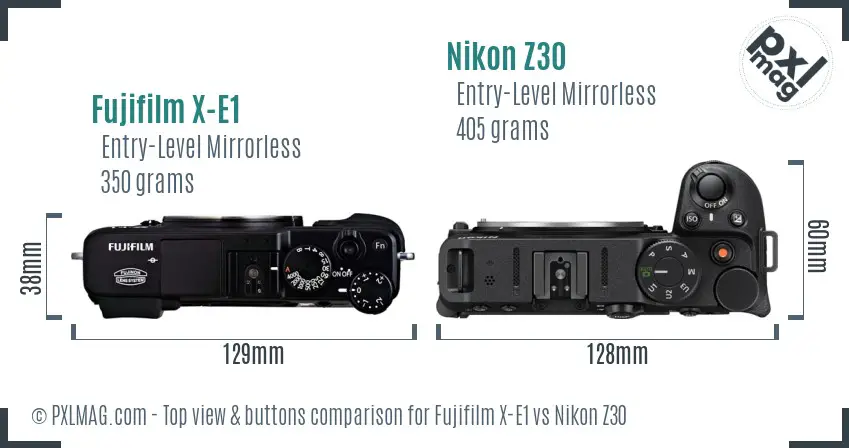 Fujifilm X-E1 vs Nikon Z30 top view buttons comparison