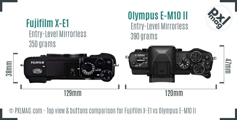 Fujifilm X-E1 vs Olympus E-M10 II top view buttons comparison Fujifilm X-E1 vs Olympus E-M10 II top view buttons comparison