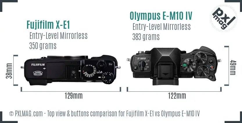 Fujifilm X-E1 vs Olympus E-M10 IV top view buttons comparison Fujifilm X-E1 vs Olympus E-M10 IV top view buttons comparison