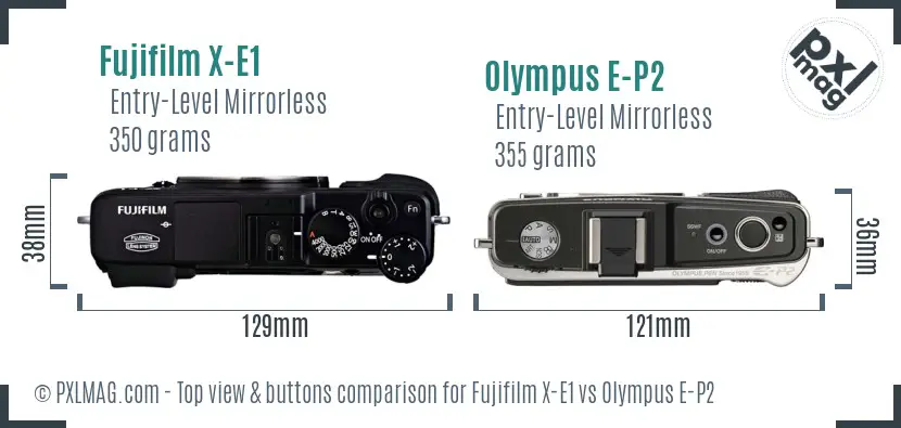 Fujifilm X-E1 vs Olympus E-P2 top view buttons comparison