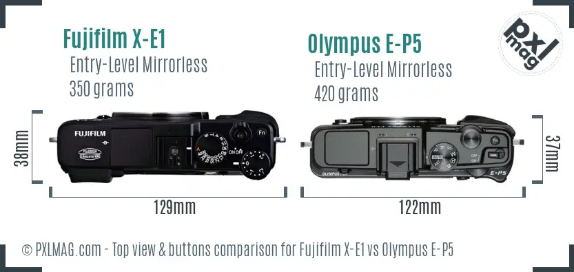 Fujifilm X-E1 vs Olympus E-P5 top view buttons comparison