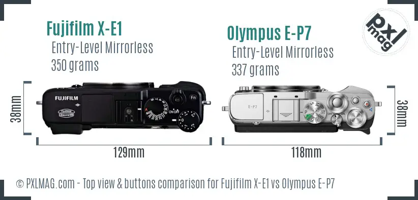 Fujifilm X-E1 vs Olympus E-P7 top view buttons comparison