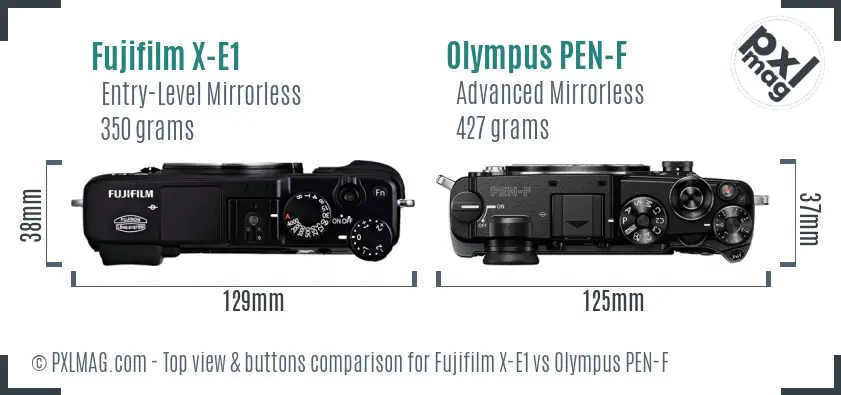 Fujifilm X-E1 vs Olympus PEN-F top view buttons comparison
