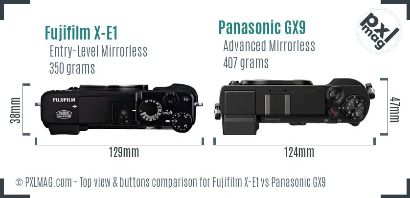 Fujifilm X-E1 vs Panasonic GX9 top view buttons comparison