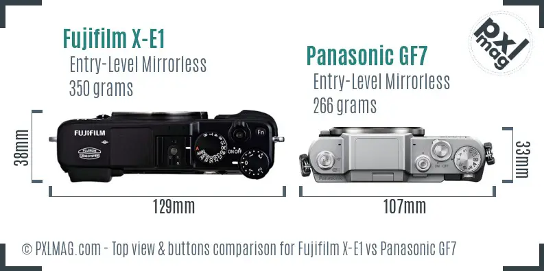 Fujifilm X-E1 vs Panasonic GF7 top view buttons comparison