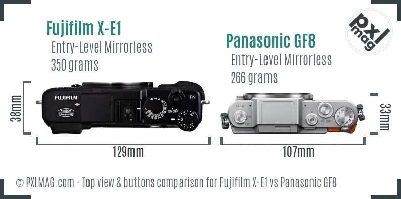 Fujifilm X-E1 vs Panasonic GF8 top view buttons comparison