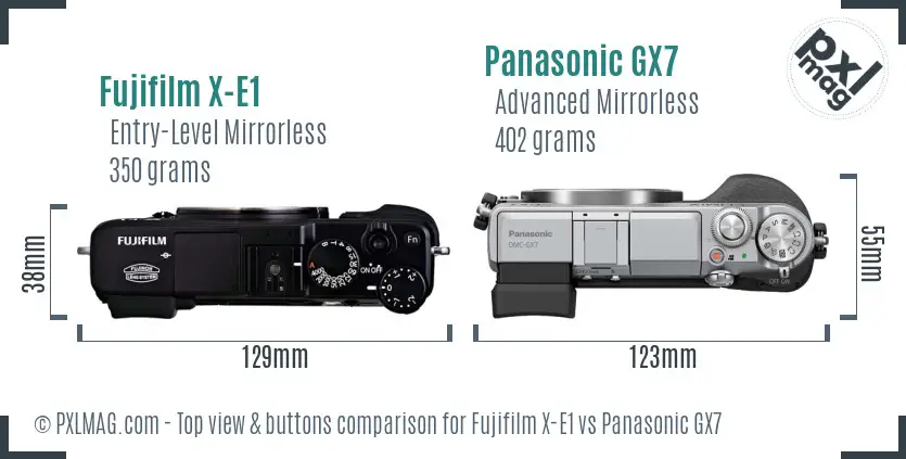 Fujifilm X-E1 vs Panasonic GX7 top view buttons comparison