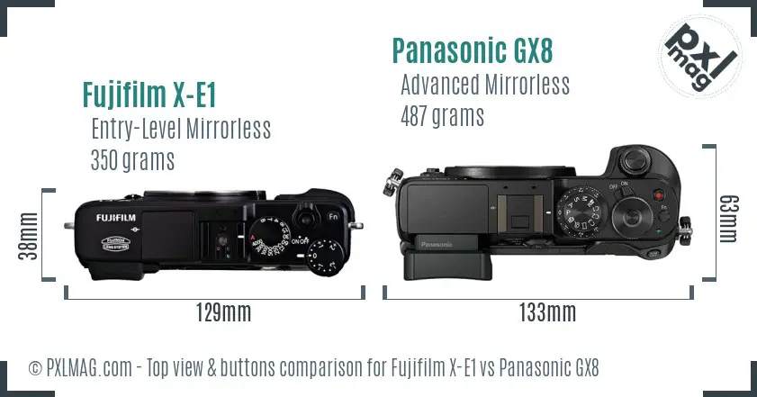 Fujifilm X-E1 vs Panasonic GX8 top view buttons comparison