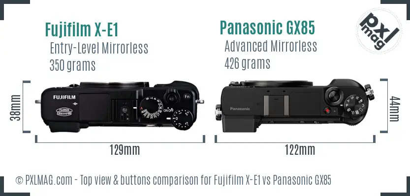 Fujifilm X-E1 vs Panasonic GX85 top view buttons comparison