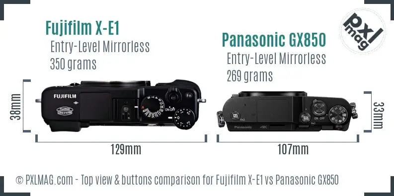 Fujifilm X-E1 vs Panasonic GX850 top view buttons comparison