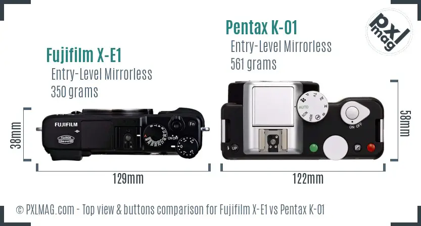 Fujifilm X-E1 vs Pentax K-01 top view buttons comparison