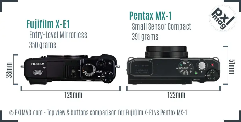 Fujifilm X-E1 vs Pentax MX-1 top view buttons comparison Fujifilm X-E1 vs Pentax MX-1 top view buttons comparison