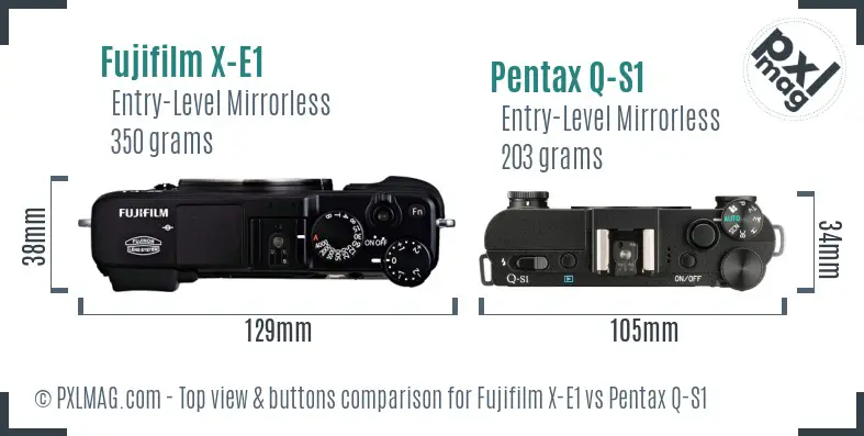 Fujifilm X-E1 vs Pentax Q-S1 top view buttons comparison