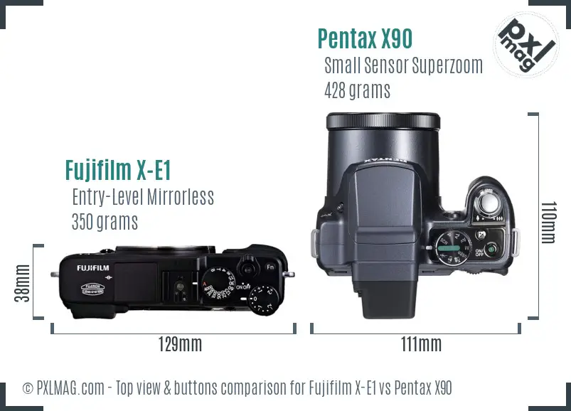 Fujifilm X-E1 vs Pentax X90 top view buttons comparison