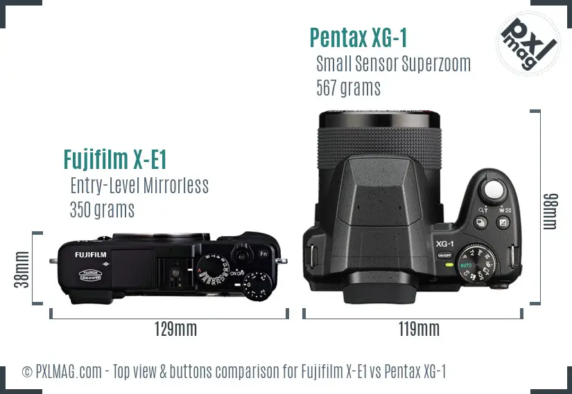 Fujifilm X-E1 vs Pentax XG-1 top view buttons comparison