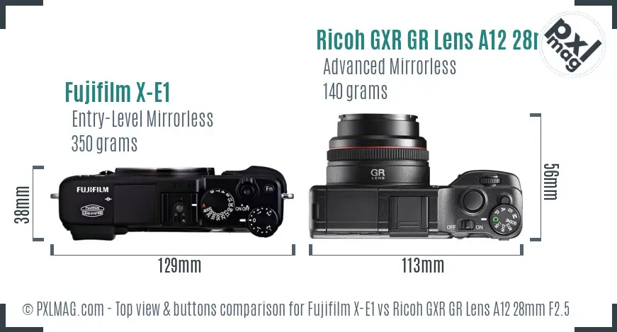 Fujifilm X-E1 vs Ricoh GXR GR Lens A12 28mm F2.5 top view buttons comparison Fujifilm X-E1 vs Ricoh GXR GR Lens A12 28mm F2.5 top view buttons comparison