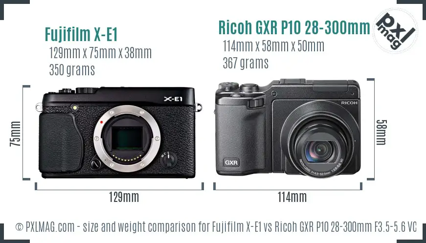 Fujifilm X-E1 vs Ricoh GXR P10 28-300mm F3.5-5.6 VC size comparison