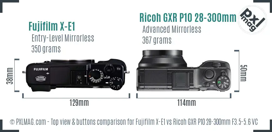 Fujifilm X-E1 vs Ricoh GXR P10 28-300mm F3.5-5.6 VC top view buttons comparison