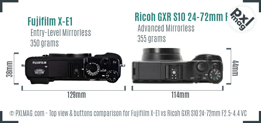 Fujifilm X-E1 vs Ricoh GXR S10 24-72mm F2.5-4.4 VC top view buttons comparison