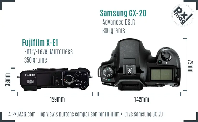 Fujifilm X-E1 vs Samsung GX-20 top view buttons comparison