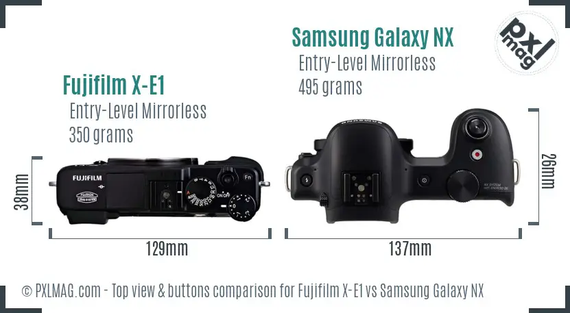 Fujifilm X-E1 vs Samsung Galaxy NX top view buttons comparison