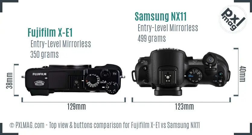 Fujifilm X-E1 vs Samsung NX11 top view buttons comparison Fujifilm X-E1 vs Samsung NX11 top view buttons comparison