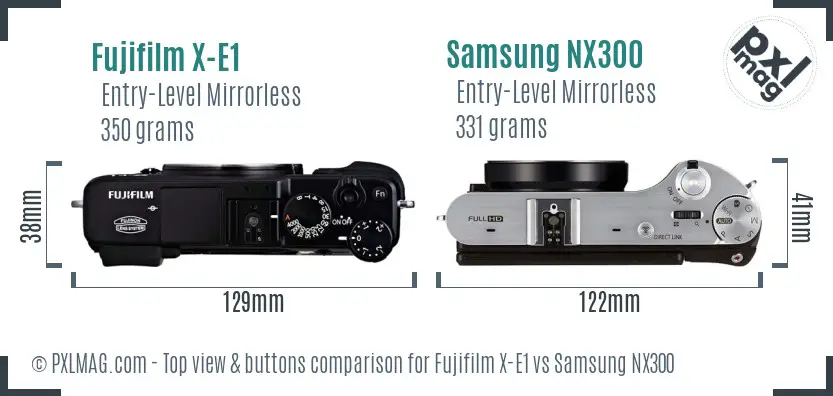 Fujifilm X-E1 vs Samsung NX300 top view buttons comparison Fujifilm X-E1 vs Samsung NX300 top view buttons comparison