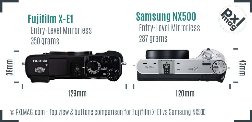 Fujifilm X-E1 vs Samsung NX500 top view buttons comparison
