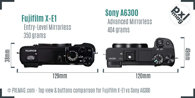Fujifilm X-E1 vs Sony A6300 top view buttons comparison