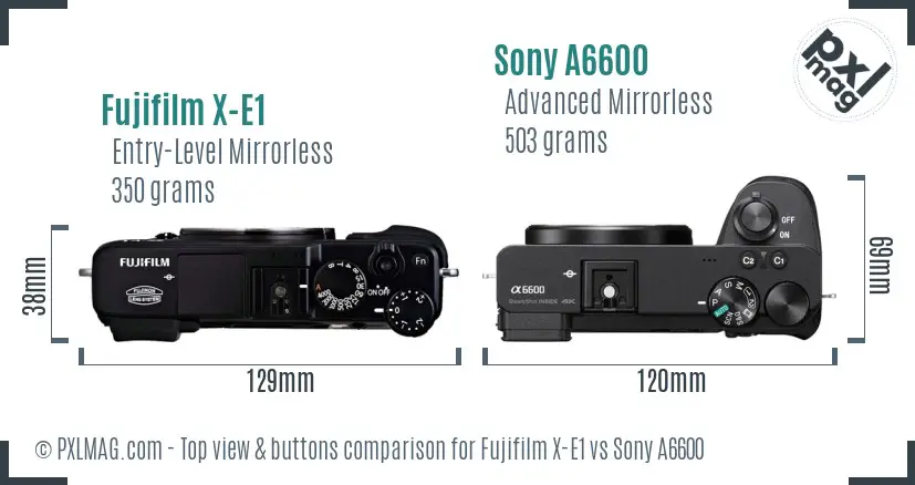 Fujifilm X-E1 vs Sony A6600 top view buttons comparison Fujifilm X-E1 vs Sony A6600 top view buttons comparison