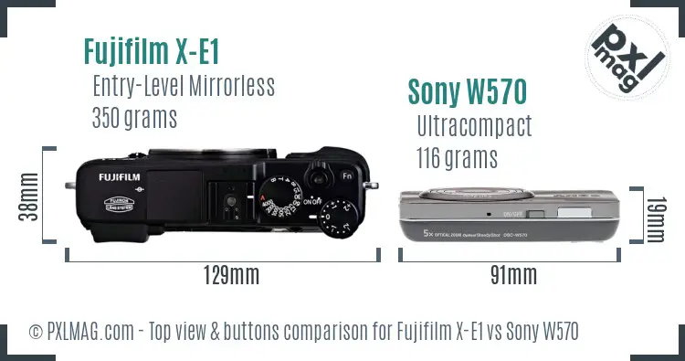 Fujifilm X-E1 vs Sony W570 top view buttons comparison