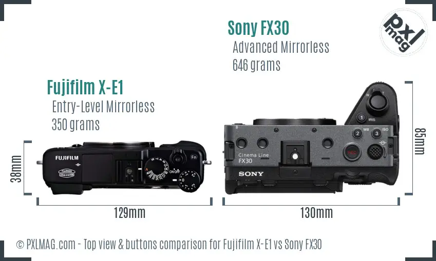 Fujifilm X-E1 vs Sony FX30 top view buttons comparison