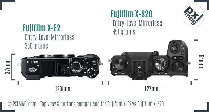 Fujifilm X-E2 vs Fujifilm X-S20 top view buttons comparison