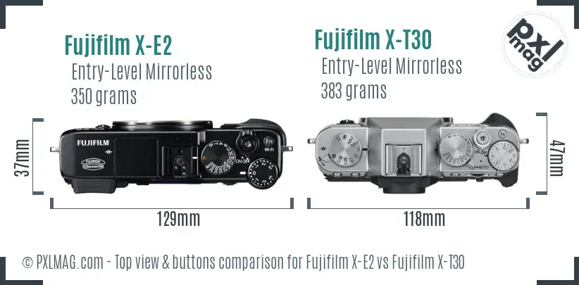 Fujifilm X-E2 vs Fujifilm X-T30 top view buttons comparison