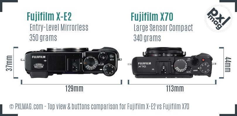 Fujifilm X-E2 vs Fujifilm X70 top view buttons comparison