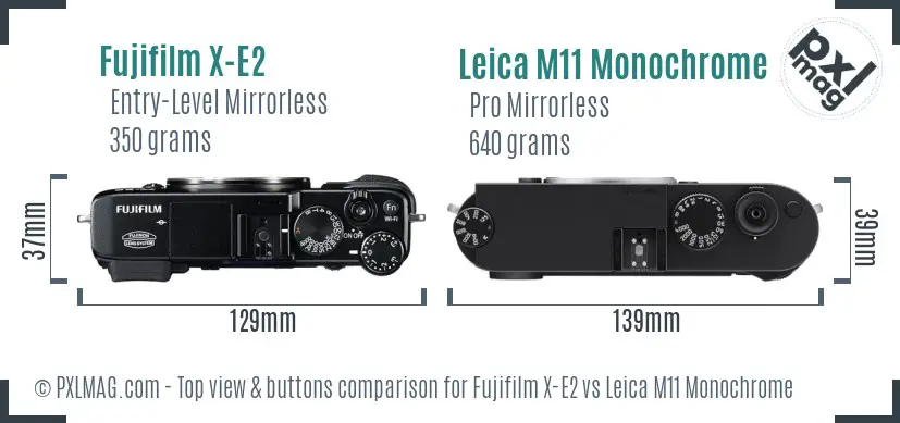 Fujifilm X-E2 vs Leica M11 Monochrome top view buttons comparison