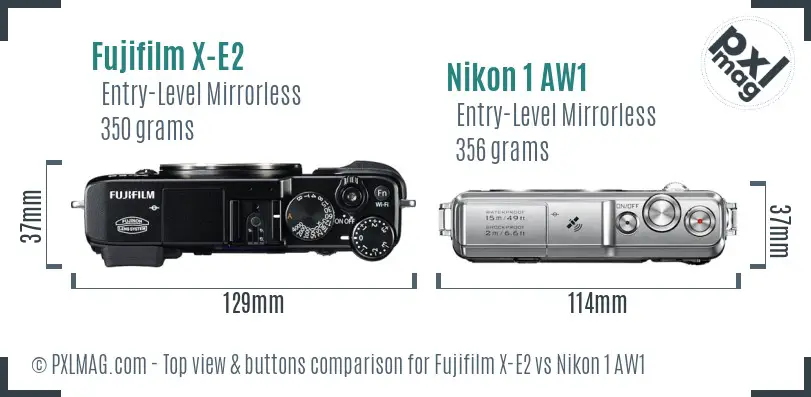 Fujifilm X-E2 vs Nikon 1 AW1 top view buttons comparison