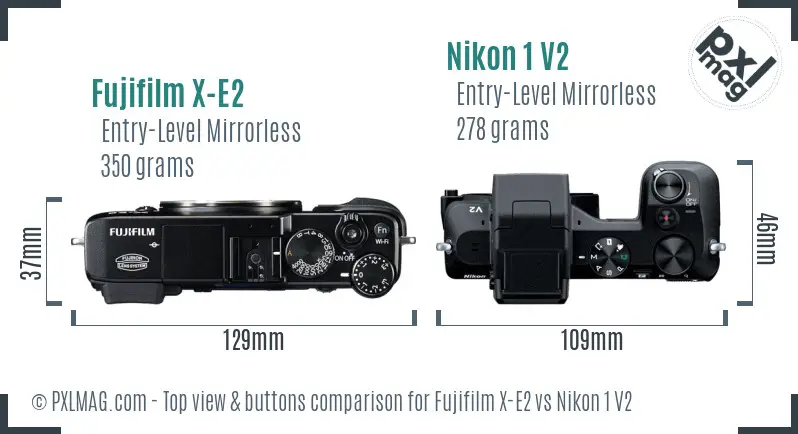 Fujifilm X-E2 vs Nikon 1 V2 top view buttons comparison