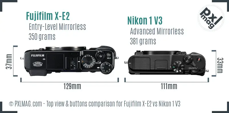 Fujifilm X-E2 vs Nikon 1 V3 top view buttons comparison